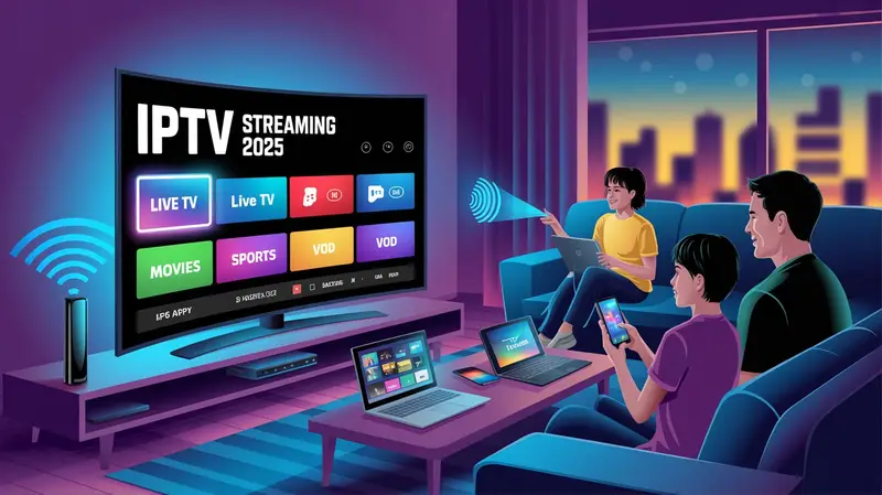 Illustration of IPTV setup with smart devices and streaming screen in a city at dusk